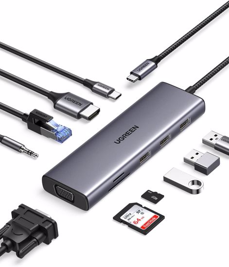 Fotografija izdelka UGREEN USB C Hub, 10-v-1 USB-C z dvojnim izhodom za zaslon 4K HDMI & VGA, 100W PD