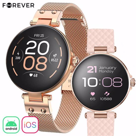 Fotografija izdelka Pametna ura FOREVER ForeVive Petite SB-305, 1.08" zaslon, Bluetooth, Android + iOS, baterija, aplikacija, IP68, menstrualni cikel, analiza spanca, dodaten pašček, roza zlata (Rose Gold)