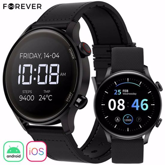 Fotografija izdelka Pametna ura FOREVER GRAND SW-700, 1.32" zaslon, Bluetooth, Android + iOS, baterija, aplikacija, IP68, merjenje aktivnosti, kisik v krvi, analiza spanca, športni načini, dodaten pašček, črna