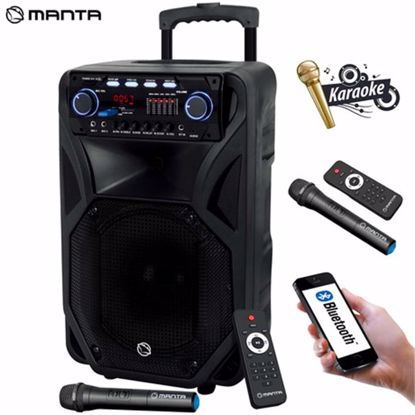 Fotografija izdelka MANTA SPK5021 PRO FONOS prenosni KARAOKE zvočnik, Bluetooth 5.0, 8.000W P.M.P.O., TWS, Equalizer, polnilna baterija, FM Radio, USB / microSD / AUX / MIC-in, črn