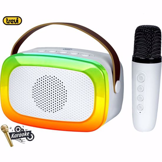 Fotografija izdelka TREVI XR8A01 prenosni KARAOKE zvočnik, Bluetooth, polnilna baterija, USB / microSD / AUX, brezžični mikrofon, RGB LED osvetlitev, bel (Cloud White)