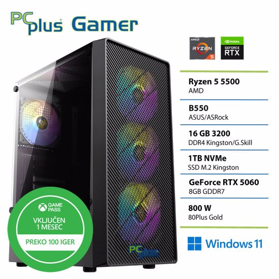 Fotografija izdelka PCPLUS Gamer Ryzen 5 5500 16GB 1TB GeForce RTX 5060 8GB Windows 11 Home + Xbox GP gaming namizni računalnik