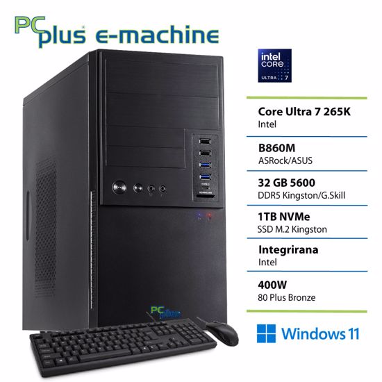 Fotografija izdelka PCPLUS e-machine Core Ultra 7 265K 32GB 1TB SSD Windows 11 Pro tipkovnica miška namizni računalnik