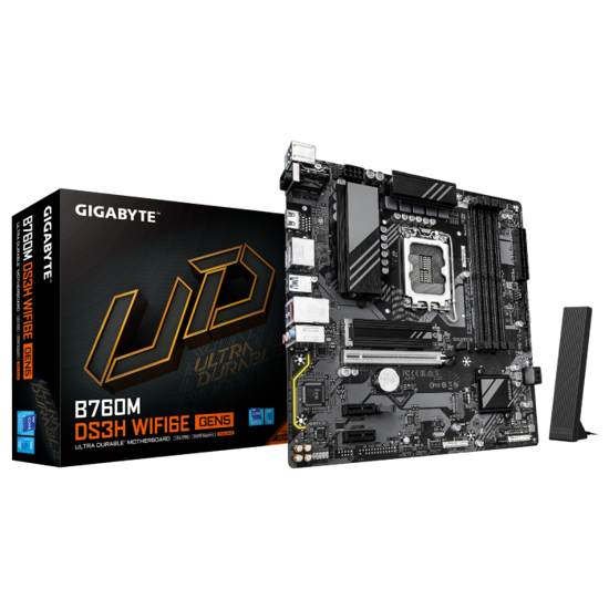 Fotografija izdelka GIGABYTE B760M DS3H WF6E GEN5, DDR5, SATA3, USB3.2Gen2, DP, WiFi, LGA1700 mATX