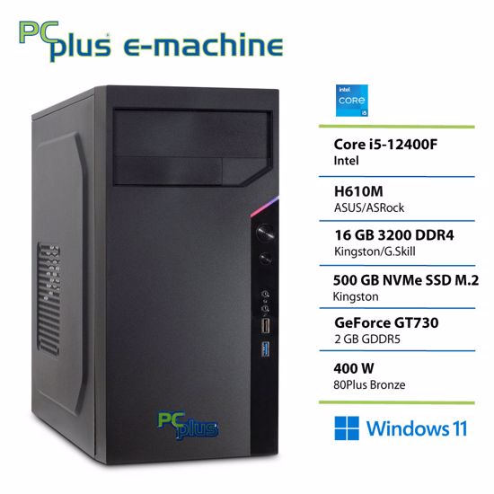 Fotografija izdelka PCPLUS e-machine i5 12400F 16GB DDR5 500GB SSD GT730 Windows 11 Pro namizni računalnik