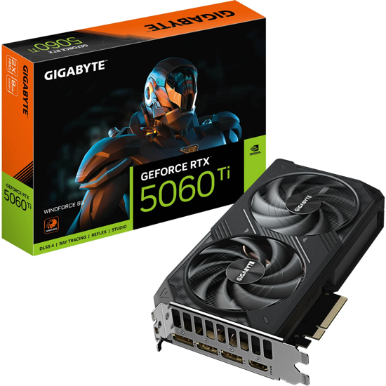 Fotografija izdelka GigaByte GeForce RTX 5060 Ti WINDFORCE MAX OC 8GB GDDR7 (DLSS 4, 3x DisplayPort, 1x HDMI 2.1)