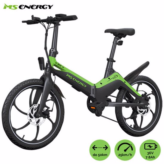 Fotografija izdelka MS ENERGY I10 električno kolo, zložljivo, 20" pnevmatike, 250W motor, 36V 7.8Ah 280Wh baterija, Shimano, do 50 km, disk zavore, LCD zaslon, LED osvetlitev, črno zeleno