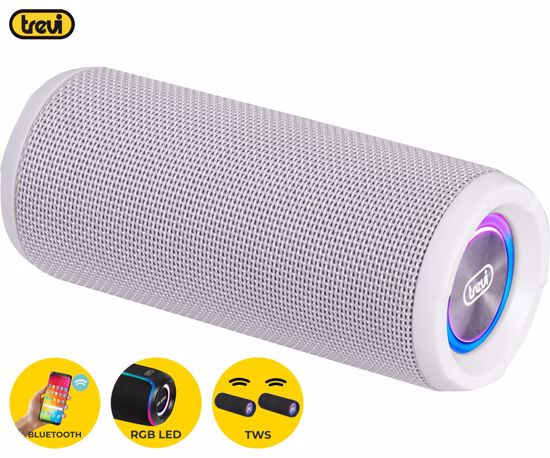 Fotografija izdelka TREVI XR 8A25 prenosni zvočnik, Bluetooth 5.0, TWS, polnilna baterija, RGB LED osvetlitev, USB / AUX / microSD, bel
