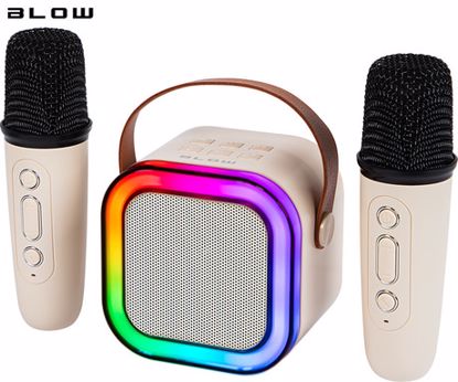 Fotografija izdelka BLOW KIDS KARAOKE komplet, brezžični zvočnik + 2x brezžični mikrofon, Bluetooth 5.3, polnilna baterija, USB / microSD / AUX, RGB LED osvetlitev, ročaj, bež (Cream Beige)