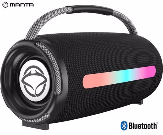 Fotografija izdelka MANTA SPK140GO prenosni zvočnik, Bluetooth 5.3, FM Radio, 20W, TWS, polnilna baterija, RGB LED osvetlitev, USB / AUX / microSD, ročaj, črn (Eclipse Black)