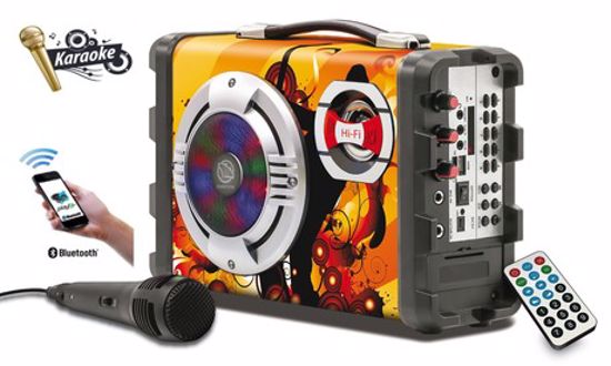 Fotografija izdelka MANTA SPK1003 HELIOS KARAOKE Bluetooth prenosni zvočnik + woofer + LED RGB lučke, BT/USB/MicroSD/Radio FM/2xMIC+ mikrofon + ročaj za nošenje