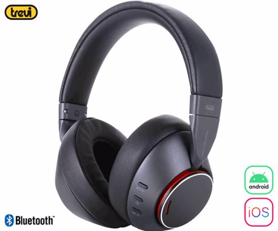Fotografija izdelka TREVI DJ 12E90 brezžične naglavne slušalke, Bluetooth 5.3, Active Noise Cancelling, mikrofon, prostoročno telefoniranje, zložljive, polnilna baterija, USB Type-C, + torbica, črne