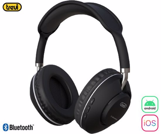 Fotografija izdelka TREVI DJ 12E42 BT brezžične naglavne slušalke, Bluetooth 5.3, polnilna baterija, mikrofon, telefoniranje, gumbi za upravljanje, USB Type-C, AUX, črne