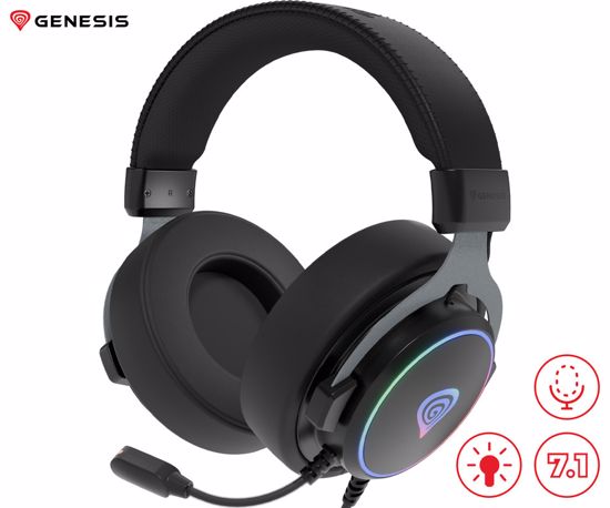 Fotografija izdelka GENESIS NEON 764 naglavne slušalke, gaming / pisarniške, 7.1 STEREO VIRTUAL zvok, mikrofon, RGB LED osvetlitev, nadzor glasnosti, gumbi za upravljanje, programska oprema, črne (Onyx Black)