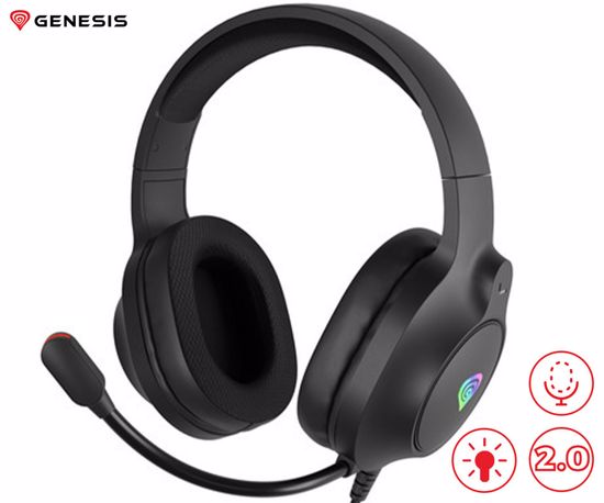 Fotografija izdelka GENESIS NEON 213 naglavne slušalke, gaming / pisarniške, 2.0 STEREO zvok, mikrofon, RGB LED osvetlitev, nadzor glasnosti, gumbi za upravljanje, črne (Onyx Black)