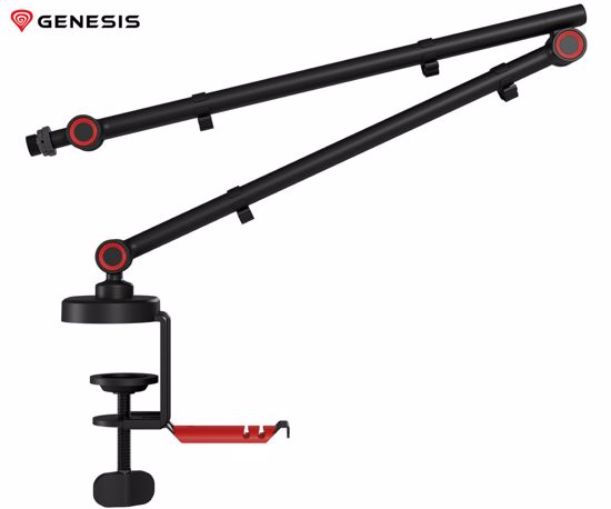 Fotografija izdelka GENESIS THULIUM 500 stojalo / roka za mikrofon, univerzalna oblika, priloženi adapterji, 3-točkovna nastavitev, držalo za slušalke, držala za kable, trpežna izdelava, kovina, črno-rdeče