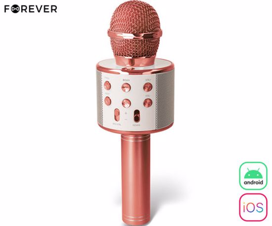 Fotografija izdelka FOREVER BMS-300 LITE mikrofon & zvočnik, KARAOKE, Bluetooth, microSD, AUX, modulacija glasu, polnilna baterija, roza zlat (Rose Gold)