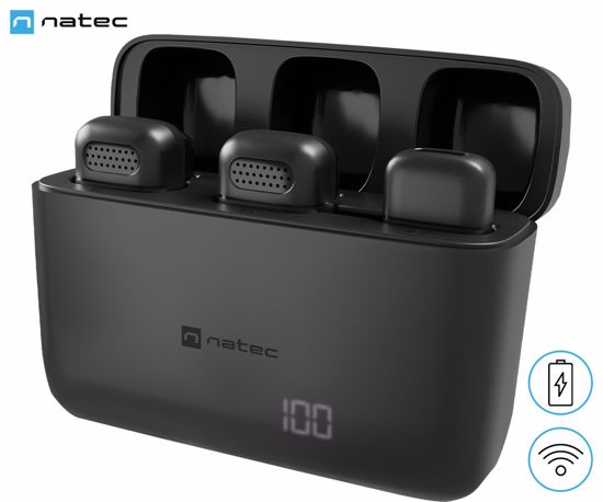 Fotografija izdelka Natec HOPPER 2x brezžični mikrofon, mini, lavalier, polnilna baterija, 2.4GHz sprejemnik, doseg do 30m, tehnologija ENC, CLIP-ON montaža, +polnilna postaja, USB Type-C, črn