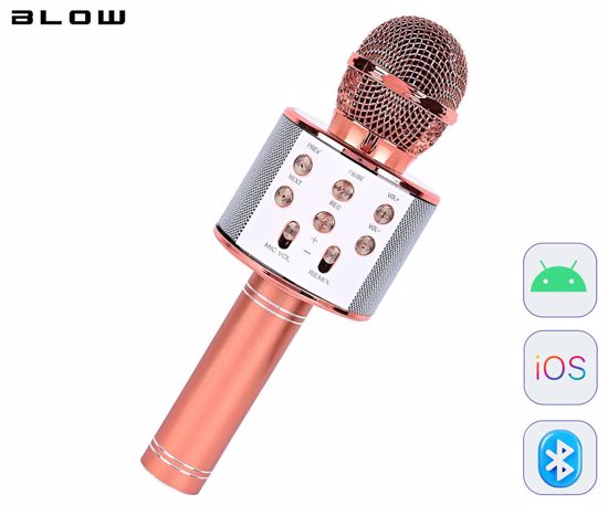Fotografija izdelka BLOW PRM402 KARAOKE mikrofon z zvočnikom, 5W, brezžični, Bluetooth, Android + iOS, modulacija glasu, 1800mAh polnilna baterija, gumbi za upravljanje, USB / microSD / AUX, roza zlat (Rose Gold)