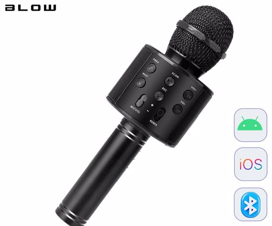 Fotografija izdelka BLOW PRM402 KARAOKE mikrofon z zvočnikom, 5W, brezžični, Bluetooth, Android + iOS, modulacija glasu, 1800mAh polnilna baterija, gumbi za upravljanje, USB / microSD / AUX, črn (Carbon Black)