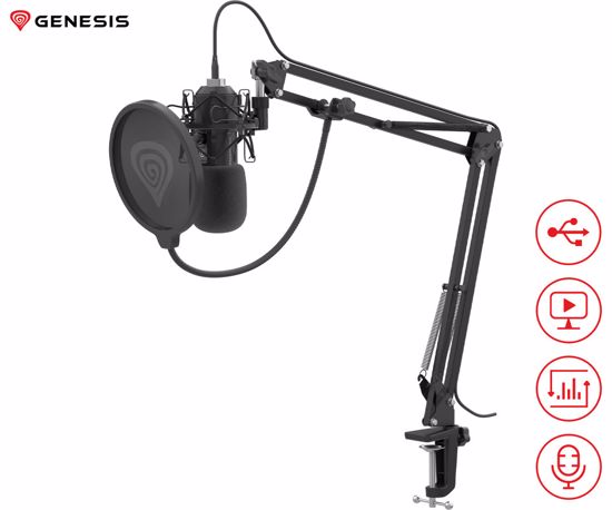 Fotografija izdelka GENESIS RADIUM 400 G2 profesionalni mikrofon, namizni / studijski, 192kHz, gumbi za upravljanje, gumb MUTE, gumb GAIN, nastavljiva roka / nosilec / stojalo, USB Type-A, USB Type-C, PC, črn