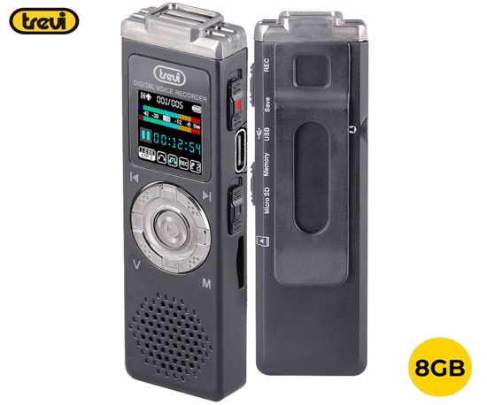 Fotografija izdelka TREVI DR 437 SA2 mini diktafon, MP3 / WMA format, 8GB spomin, zvočnik, AUX-in, VOR (Voice Activated Recording) funkcija, USB Type-C, črn