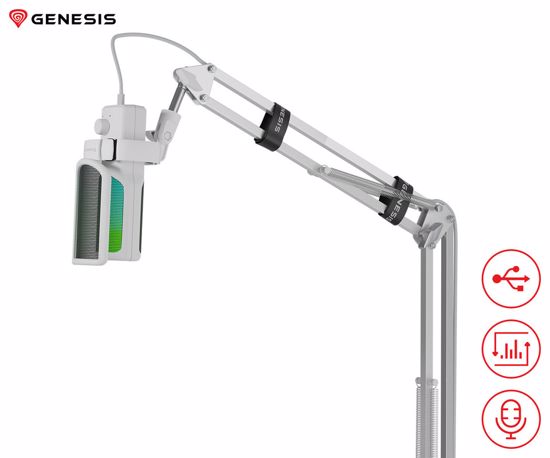 Fotografija izdelka GENESIS RADIUM 251 profesionalni mikrofon, namizni / studijski, 192kHz, POP filter, gumb MUTE / GAIN, jack 3.5mm, USB Type-C, PC, RGB LED osvetlitev, bel