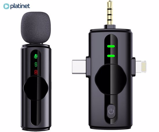 Fotografija izdelka PLATINET PLMM11 brezžični mikrofon, mini, lavalier, polnilna baterija, 2.4GHz sprejemnik, doseg do 20m, Plug & Play, CLIP-ON montaža, +polnilna postaja, USB Type-C / Lightning, črn