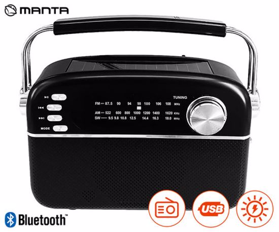 Fotografija izdelka MANTA RDI918B SOLAR radijski sprejemnik, FM/AW/SW, Bluetooth 5.0, USB/AUX-in/microSD, vgrajena baterija + SOLARNO napajanje, Retro, črn