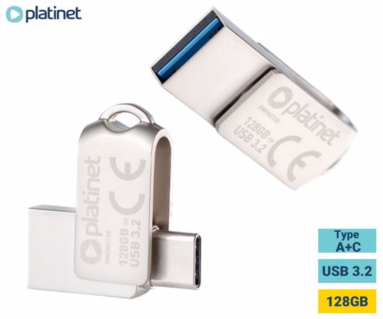 Fotografija izdelka PLATINET PMFMC128 prenosni USB ključ, 128GB, USB Type-C, USB Type-A, USB 3.2, vodoodporen, do 100 MB/s, siv