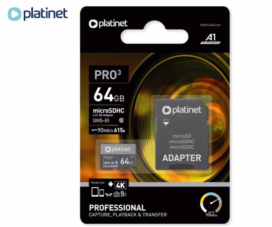 Fotografija izdelka PLATINET PMMSDX64UIII microSD kartica, 64GB, 90MB/s, class10, UHS-I, +adapter