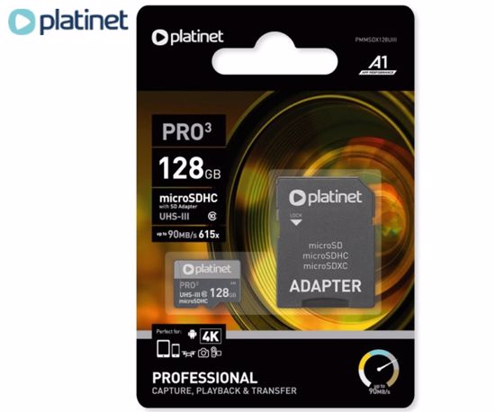 Fotografija izdelka PLATINET PMMSDX128UIII microSD kartica, 128GB, 90MB/s, class10, UHS-I, +adapter