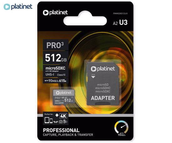 Fotografija izdelka PLATINET PMMSDX512UIII microSD kartica, 512GB, 90MB/s, class10, UHS-I, +adapter