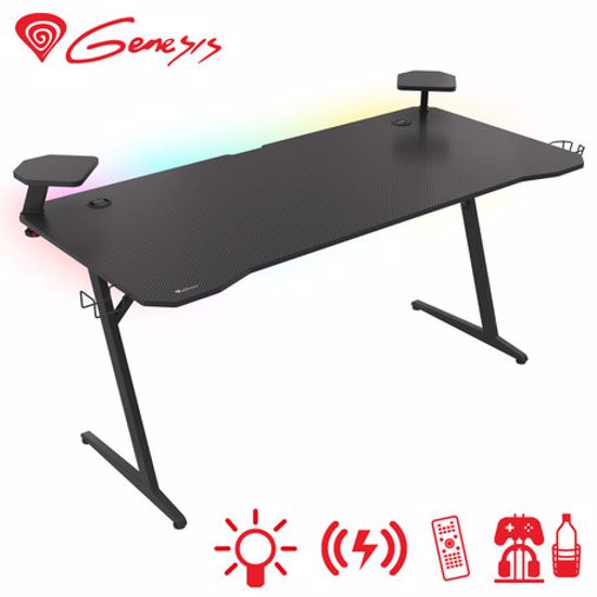 Fotografija izdelka GENESIS HOLM 510 RGB gaming miza, profesionalna, ergonomska, RGB LED osvetlitev, stojala za zvočnike, nosilci za pijačo / gamepad / slušalke, 3x USB Type-A vhod, brezžični polnilec, karbon stil, črna