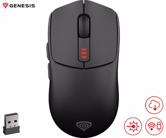 Fotografija izdelka GENESIS ZIRCON 500 G2 brezžična miška, gaming / pisarniška, 10.000DPI, Bluetooth 5.0 / USB 2.4GHz / USB Type-C, 6 gumbov, polnilna baterija, spomin, programska oprema, Plug & Play, črna
