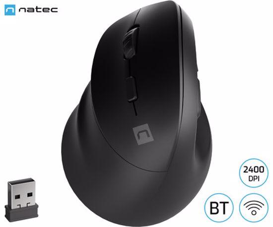 Fotografija izdelka Natec CRAKE 2 vertikalna brezžična miška, 2400DPI, ergonomska, Bluetooth / USB 2.4GHz, 6 gumbov, za levičarje, 1x AA baterija, črna