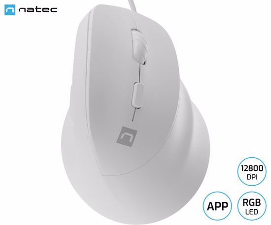 Fotografija izdelka Natec CRAKE 2 PRO vertikalna žična miška, ergonomska, 12800DPI, 6 gumbov, tiha stikala, RGB LED osvetlitev, programska oprema, pomnilnik, 150cm pleteni kabel, za desničarje, bela
