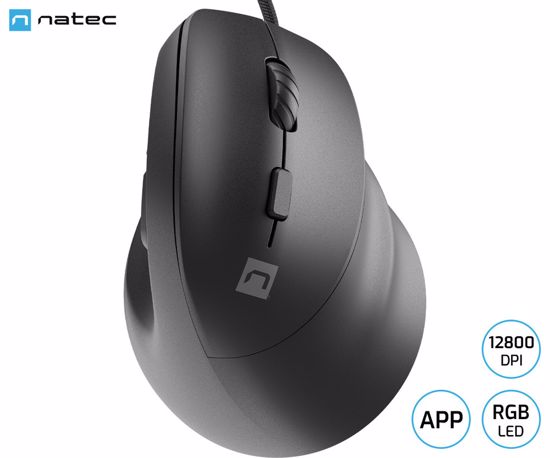 Fotografija izdelka Natec CRAKE 2 PRO vertikalna žična miška, ergonomska, 12800DPI, 6 gumbov, tiha stikala, RGB LED osvetlitev, programska oprema, pomnilnik, 150cm pleteni kabel, za desničarje, črna