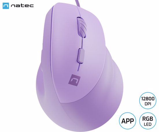 Fotografija izdelka Natec CRAKE 2 PRO vertikalna žična miška, ergonomska, 12800DPI, 6 gumbov, tiha stikala, RGB LED osvetlitev, programska oprema, pomnilnik, 150cm pleteni kabel, za desničarje, vijolična
