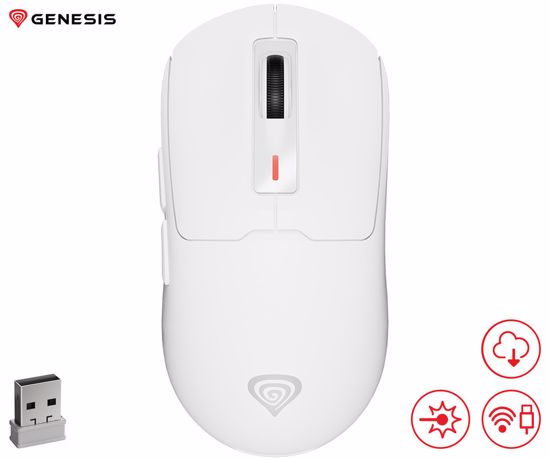 Fotografija izdelka GENESIS ZIRCON 660 PRO brezžična miška, gaming / pisarniška, 26.000DPI, USB 2.4GHz / Bluetooth / USB Type-C, 6 gumbov, polnilna baterija, spomin, programska oprema, Plug & Play, bela