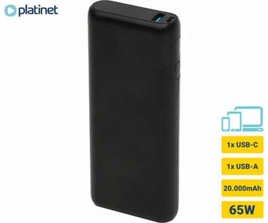Fotografija izdelka Platinet PMPB2065B powerbank polnilna baterija, 65W, 20.000mAh, Quick Charge 3.0, Power Delivery 3.0, 1x USB Type-A, 1x USB Type-C, digitalni zaslon, črna