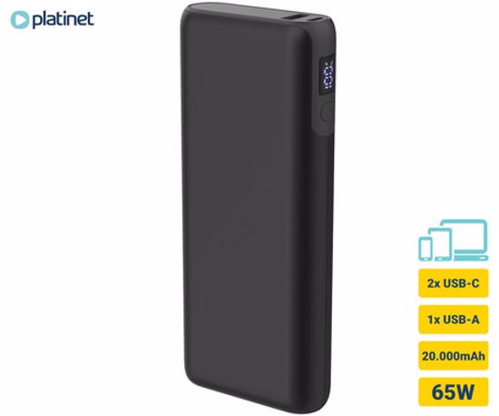 Fotografija izdelka Platinet PMPB20DL202B powerbank polnilna baterija, 65W, 20.000mAh, Quick Charge 3.0, Power Delivery 3.0, 1x USB Type-A, 2x USB Type-C, digitalni zaslon, črna
