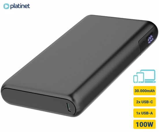 Fotografija izdelka Platinet PMPB30DL301B powerbank polnilna baterija, 100W, 30.000mAh, Quick Charge 3.0, Power Delivery 3.0, 1x USB Type-A, 2x USB Type-C, digitalni zaslon, črna