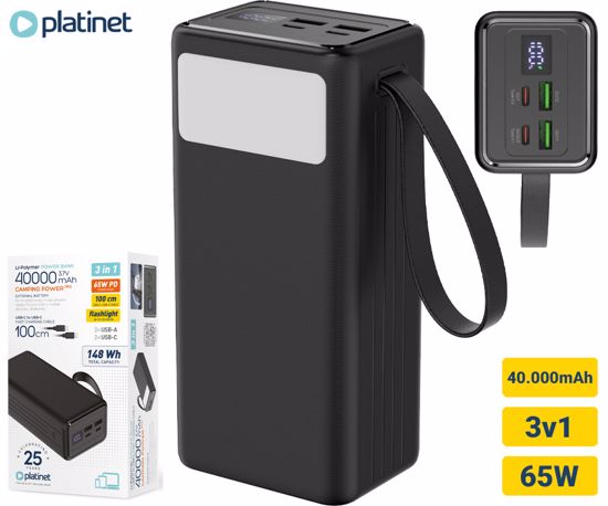 Fotografija izdelka Platinet PMPB4065 powerbank polnilna baterija, 65W, 40.000mAh, Quick Charge 3.0, Power Delivery, SCP, 2x USB Type-A, 2x USB Type-C, digitalni zaslon, LED luč, črna