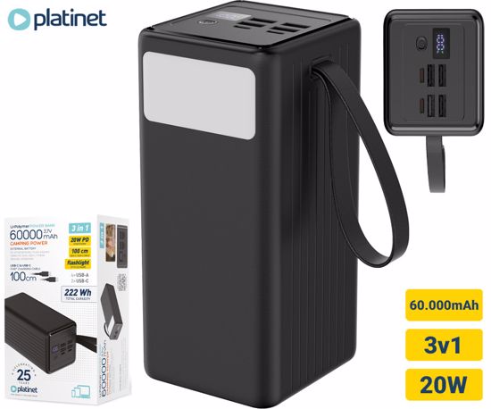 Fotografija izdelka Platinet PMPB6020 powerbank polnilna baterija, 20W, 60.000mAh, Quick Charge 3.0, Power Delivery, SCP, 4x USB Type-A, 2x USB Type-C, digitalni zaslon, LED luč, črna