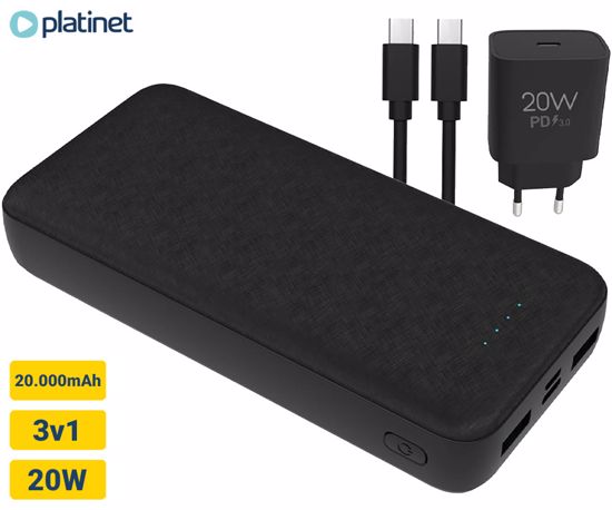 Fotografija izdelka Platinet PMPB20SET 3v1 komplet powerbank polnilna baterija, +adapter 20W, +kabel 100cm, 20.000mAh, Power Delivery, 2x USB Type-A, 1x USB Type-C, 1x microUSB, LED indikatorji, črn