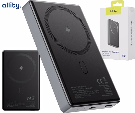 Fotografija izdelka ALLITY APB-300 powerbank polnilna baterija, 10.000mAh, 20W, 1x USB-C, brezžično polnjenje, MagSafe tehnologija, Power Delivery, Quick Charge, Plug&Play, siva