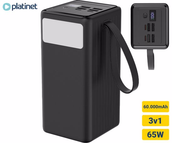 Fotografija izdelka Platinet PMPB6065 powerbank polnilna baterija, 65W, 60.000mAh, Quick Charge 3.0, Power Delivery, SCP, 4x USB Type-A, 2x USB Type-C, digitalni zaslon, LED luč, črna