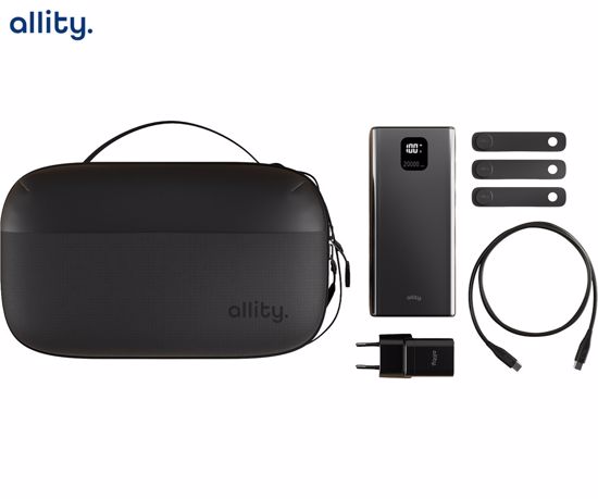 Fotografija izdelka ALLITY ATK 5v1 komplet dodatne opreme, 18-predelni organizator / torbica, 20.000mAh 22.5W powerbank, 20W GaN adapter / polnilec, 1m 60W USB-C / USB-C kabel, 3x silikonska vezica, črn