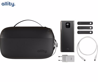 Fotografija izdelka ALLITY ATK 5v1 komplet dodatne opreme, 18-predelni organizator / torbica, 20.000mAh 22.5W powerbank, 20W GaN adapter / polnilec, 1m 60W USB-C / USB-C kabel, 3x silikonska vezica, bel